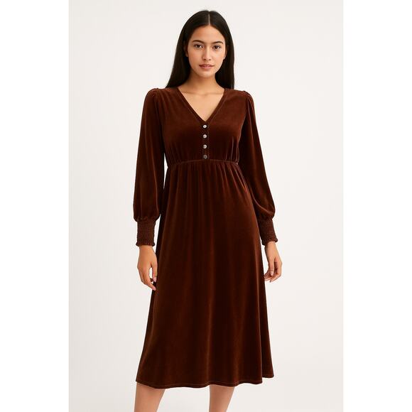 Inherit Brown Velvet Empire Waist Midi Dress Boho Sleeves Small (3017) - Picture 1 of 12